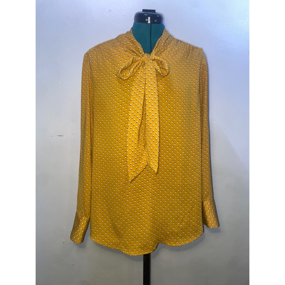 Dalia Mustard Yellow Polka Dot Tie Neck Long Sleeve Blouse Offie Boho Corporate
